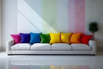 A gray sofa with multi-colored pillows, frames for art posters hanging on the wall. 