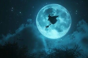A witch flying on her broomstick over a full moon, digital art style, illustration painting
