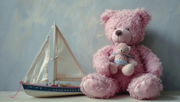 A realistic snapshot showcasing a pink teddy bear holding a toy sailboat, the playfulness and innocence of childhood depicted against a clear and neutral backdrop
