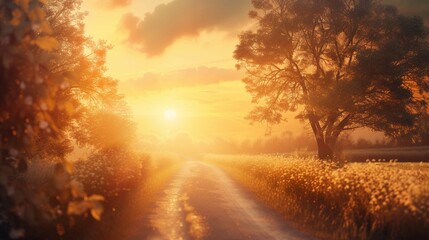 A lonely road with lots of secrets, a beautiful sunset view with a golden shining sky and trees road side, secret dark place