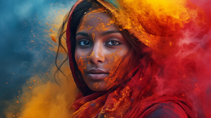 Serene Beauty of an Indian Woman Celebrating Holi, Veiled in Red with Golden Powder - Cultural Elegance - Majestic Holi Portrait - Colorful Tradition - Festive Grace