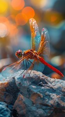 Dragonfly resting on a river rock with a copy space area on the bottom for text