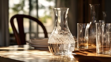Glasses and water decanter in a unique close-up perspective, evoking culinary delight.