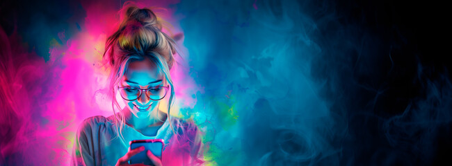 Illustrative banner of young girl with glasses looking at mobile