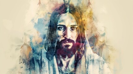 Digital Watercolor Portrait of Jesus Christ with White Outline Generative AI