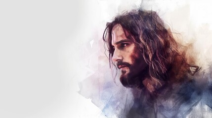 Digital Watercolor Portrait of Jesus Christ with White Outline Generative AI - obrazy, fototapety, plakaty