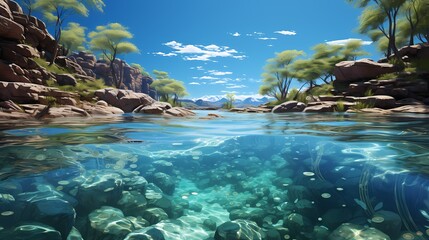 A tranquil pool of crystal-clear water reflecting a cloudless sky