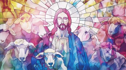 Stained Glass Art of Jesus Christ, the Lord and Shepherd Generative AI