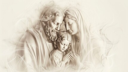 The Holy Family: Jesus, Mary, and Joseph in White Outline and Vignette Generative AI