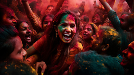 Laughter Amongst the Hues: Woman's Radiant Joy in the Midst of Holi's Colorful Chaos - Carnival of Holi Colors