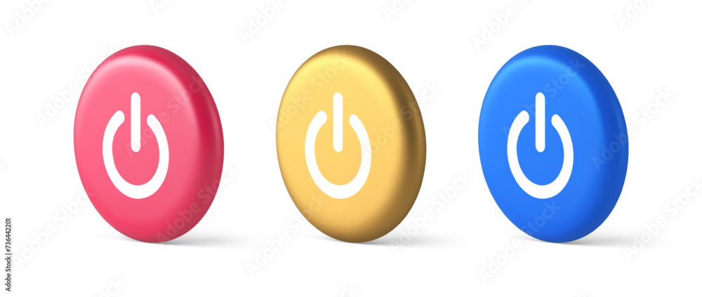 Poster shutdown turn on off button energy switch power start stop web app design 3d realistic circle icon