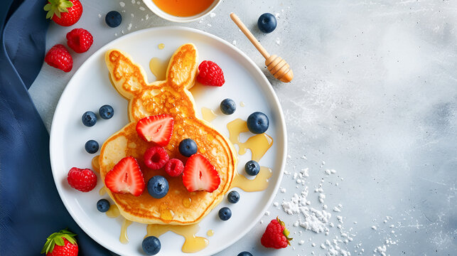 Easter children's breakfast, Pancake in the shape of a cute hare with berries and honey on a light gray concrete background with copy space for the recipe