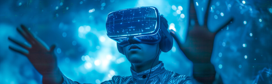 Person fully embracing virtual reality experience 