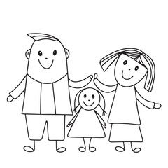 Family in doodle style. Hand drawn outline man, woman, girl. Hand drawn vector art