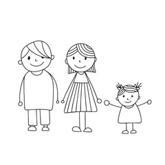 Family in doodle style. Hand drawn outline man, woman, girl. Hand drawn vector art