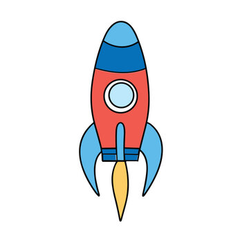 Colored outline rocket in doodle style. Hand drawn vector art.