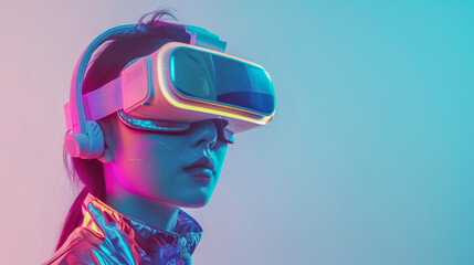 Minimalist Cyberpunk woman with VR headset gear immersed in the virtual reality experience 