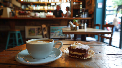 caf&eacute; gourmand sur une table en bois de bistrot parisien le matin