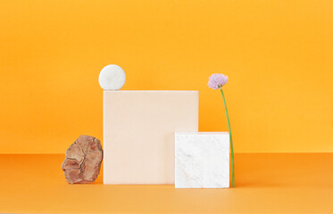 Abstract colorful floral composition mockup for your creative design, empty podium or stand for cosmetics or fashion beauty product, copy space, modern art concept