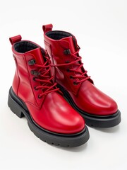 Pair of red combat boots on white background.