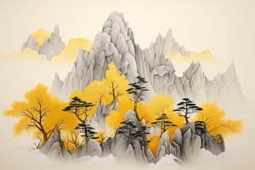 a mountain with yellow and grey trees - Powered by Adobe