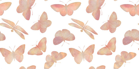 delicate pink butterflies and dragonflies on a white background, watercolor seamless pattern for the design of wrapping paper, wallpaper, textiles