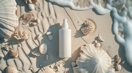 blank white bottle cosmetic skincare makeup containers for product presentation on white sand beach - obrazy, fototapety, plakaty