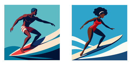 African dark skinned man and woman in swimming suit surfing. Set flat vector illustration 