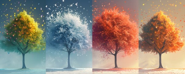 Capturing the Splendor of the Four Seasons Through a Stunning Tree Illustration. Concept Spring Blossoms, Summer Greenery, Autumn Colors, Winter Serenity