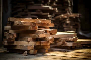 Piles of natural wooden boards. Storage of industrial wood planks material. Generate ai - obrazy, fototapety, plakaty