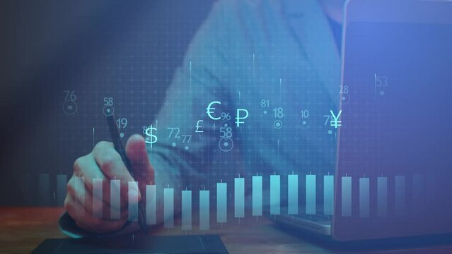 Cg footage Graphs and diagrams with digital indicators are moving against the background of a person working with a tablet and a laptop. Concept of financial analysis and arbitrage of cryptocurrencies