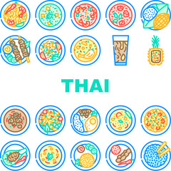 thai cuisine food asian dish icons set vector