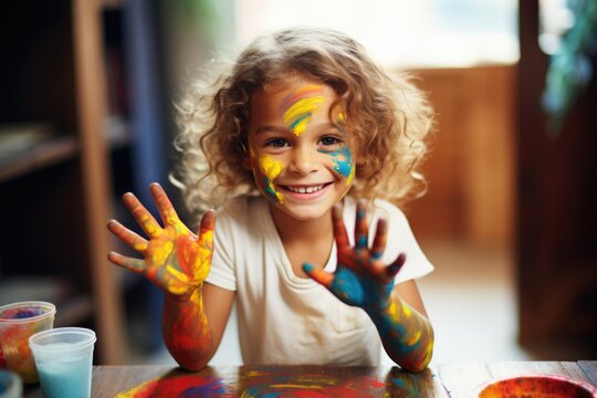A photo of child drawing rainbow paint on hand and face class activities concept Generative AI