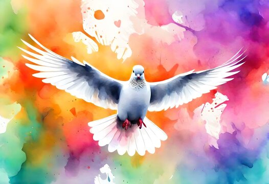  flying  Dove on abstract colorful watercolor background. Digital art painting. Illustration