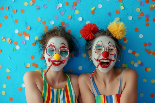 Beautiful young happy women in funny clown disguise with party whistles on blue background. April Fools Day celebration