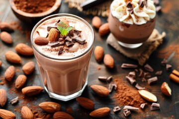 Indulge in a rich and creamy delight as you sip on a chocolate milkshake topped with crunchy almonds and fluffy whipped cream, perfect for satisfying your dessert cravings on a cozy indoor coffee tab