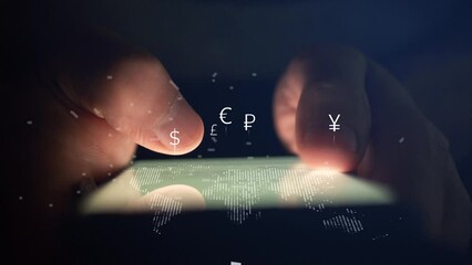 Cg footage digitalization of payment systems and fiat money. A person uses a smartphone and the symbols of world currencies grow out of it