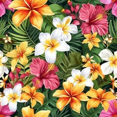 Vibrant Tropical Flower Pattern with Lush Greenery.