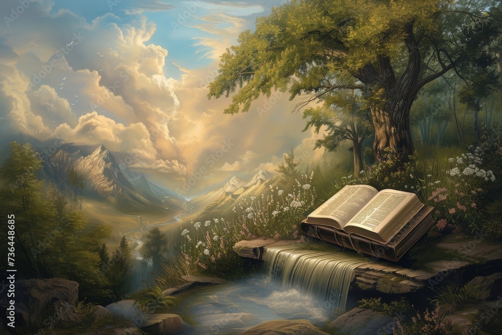 Wall mural imagining a serene landscape with a bible as its centerpiece - Wall murals