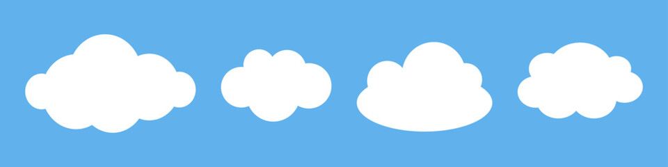 Vector set of childish white clouds on blue background. Baby kids cloud collection in flat design.