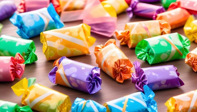 Multitude of wrapped colorful candies on pastel pink  background