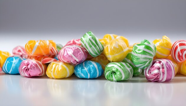 colorful wrapped candies with spiral pattern on white background