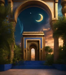 Fototapete Rund Photorealistic ancient world scene of the ominous Gate of Ishtar Temple with tall entrance facade of blue tiles with gold accents, embraced in lush greenery and date palms, the blue night sky has wisp © farah