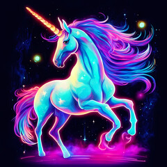Obraz na płótnie Canvas illustration with a fairytale magical unicorn on a dark background. Pattern in bright neon ideal for posters, cards, wallpapers, covers, prints on bags, mugs, pillows