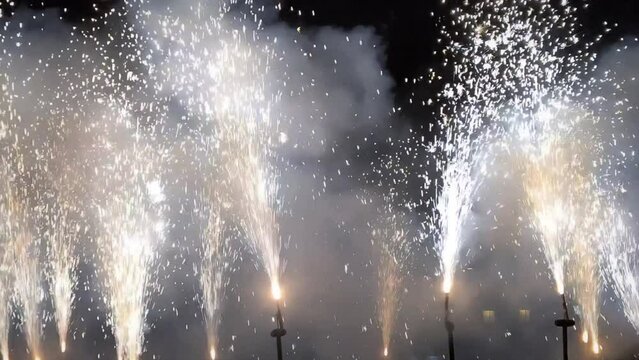 Fireworks and firecrackers during the celebration of the fire runs called Correfocs, a traditional festivity in Catalonia