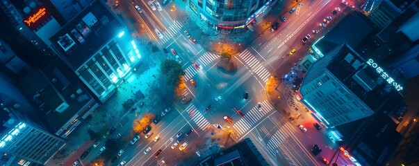Captivating Nighttime Aerial View of a Dynamic Urban Intersection with Congested Traffic Flow. Concept Vibrant Street Art, Serene Nature landscapes, Candid Street Photography