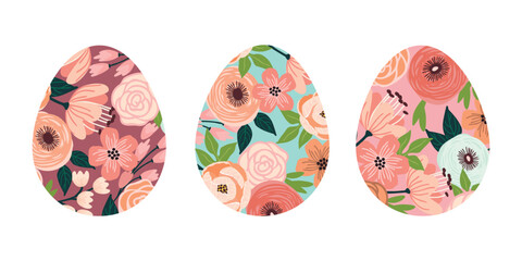 Cartoon collection with easter eggs decorated with flowers.Set of colorful isolated elements for use in cards, invitations, flyers.Spring holiday banner templates.Floral  print on fabric and paper.