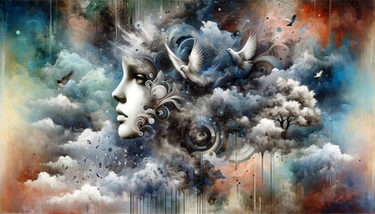 The image is a surrealistic digital painting blending a woman's face with celestial and natural elements, featuring birds, clouds, and mechanical details.Digital art concept. AI generated.
