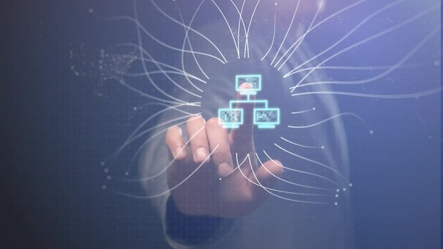 Cg footage. Against the background of a silhouette of a businessman with a light dot on the finger is a symbol of the computer network from which the information waves diverge