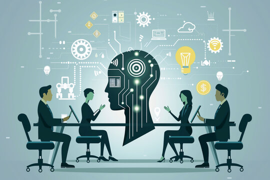Executive people collaborate in a board meeting, fostering innovation and discussing ground breaking ideas for business growth, stock illustration image